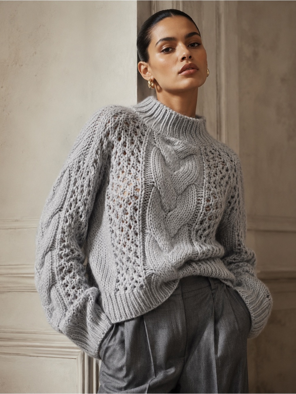 Parker Chunky Cable Knit Sweater XXS Light Heather Gray Cozy Mock Neck Soft